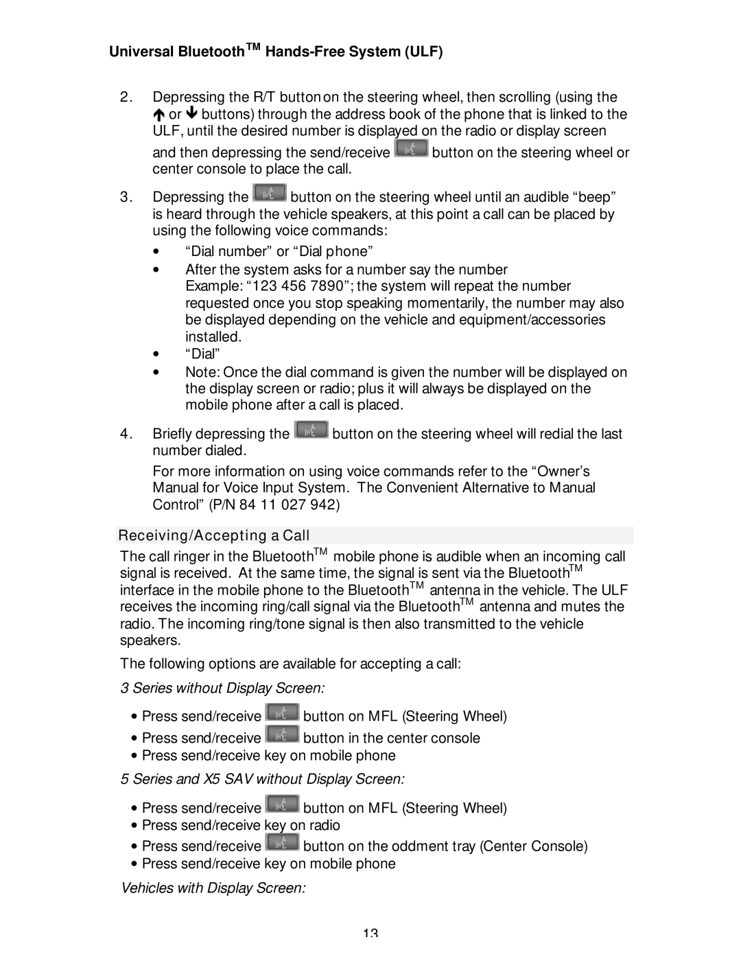 BMW S84 03 U86 owner manual Receiving/Accepting a Call, Series without Display Screen 