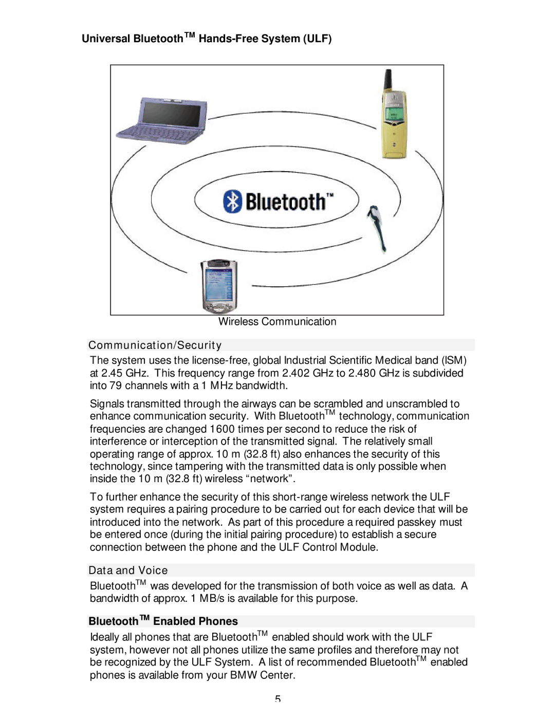 BMW S84 03 U86 owner manual Communication/Security, Data and Voice, BluetoothTM Enabled Phones 