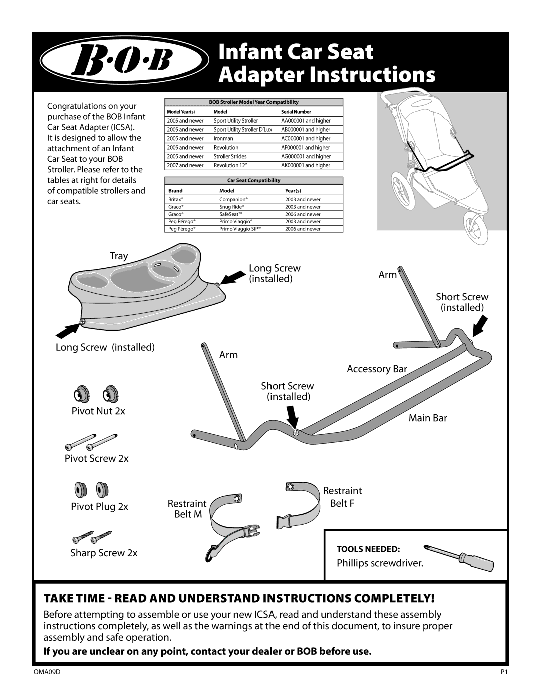 BOB AA000001 manual Infant Car Seat Adapter Instructions, Accessory Bar 