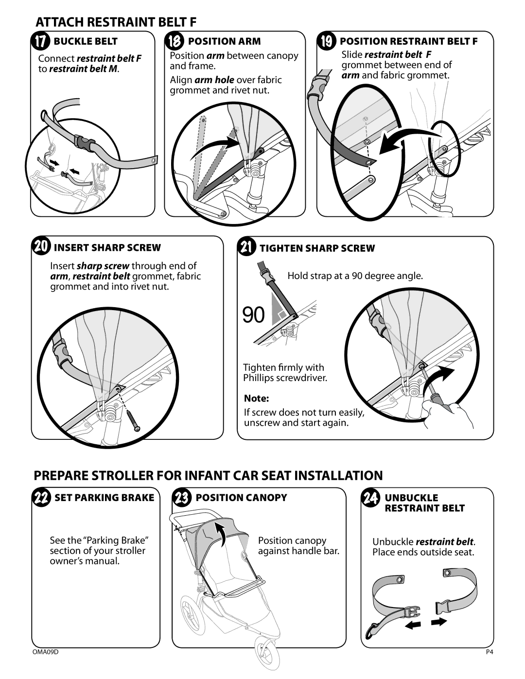 BOB AA000001 manual Attach Restraint Belt F, Prepare Stroller for Infant CAR Seat Installation, Buckle Belt Position ARM 