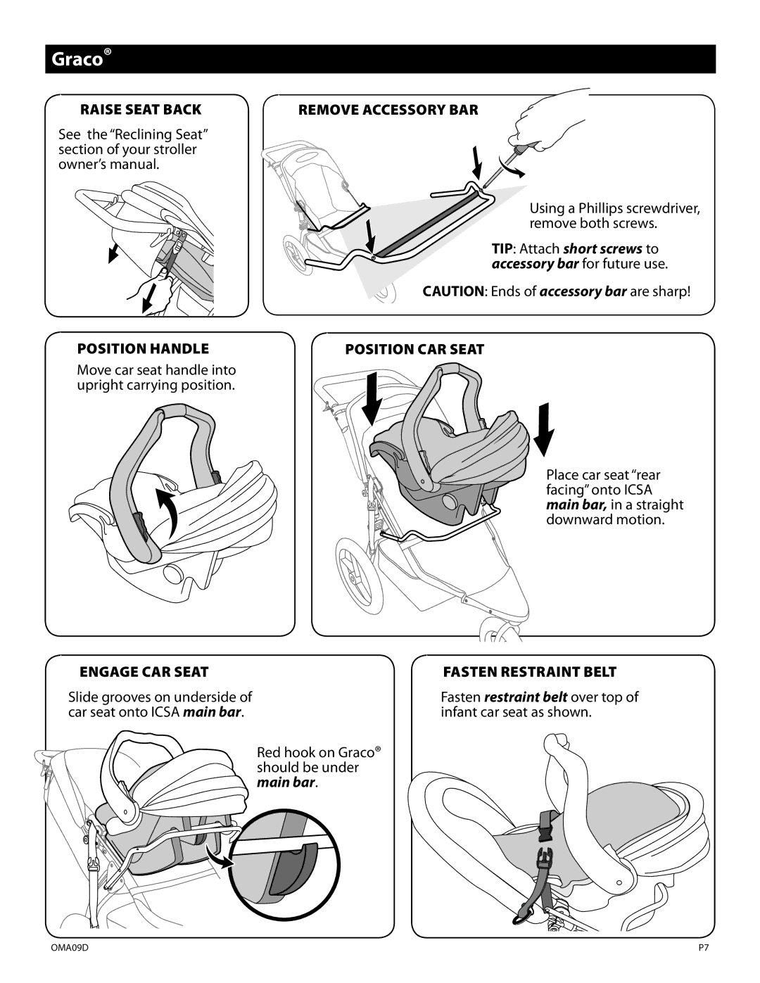 BOB AA000001 manual Graco, Raise Seat Back Position Handle, Remove Accessory BAR 