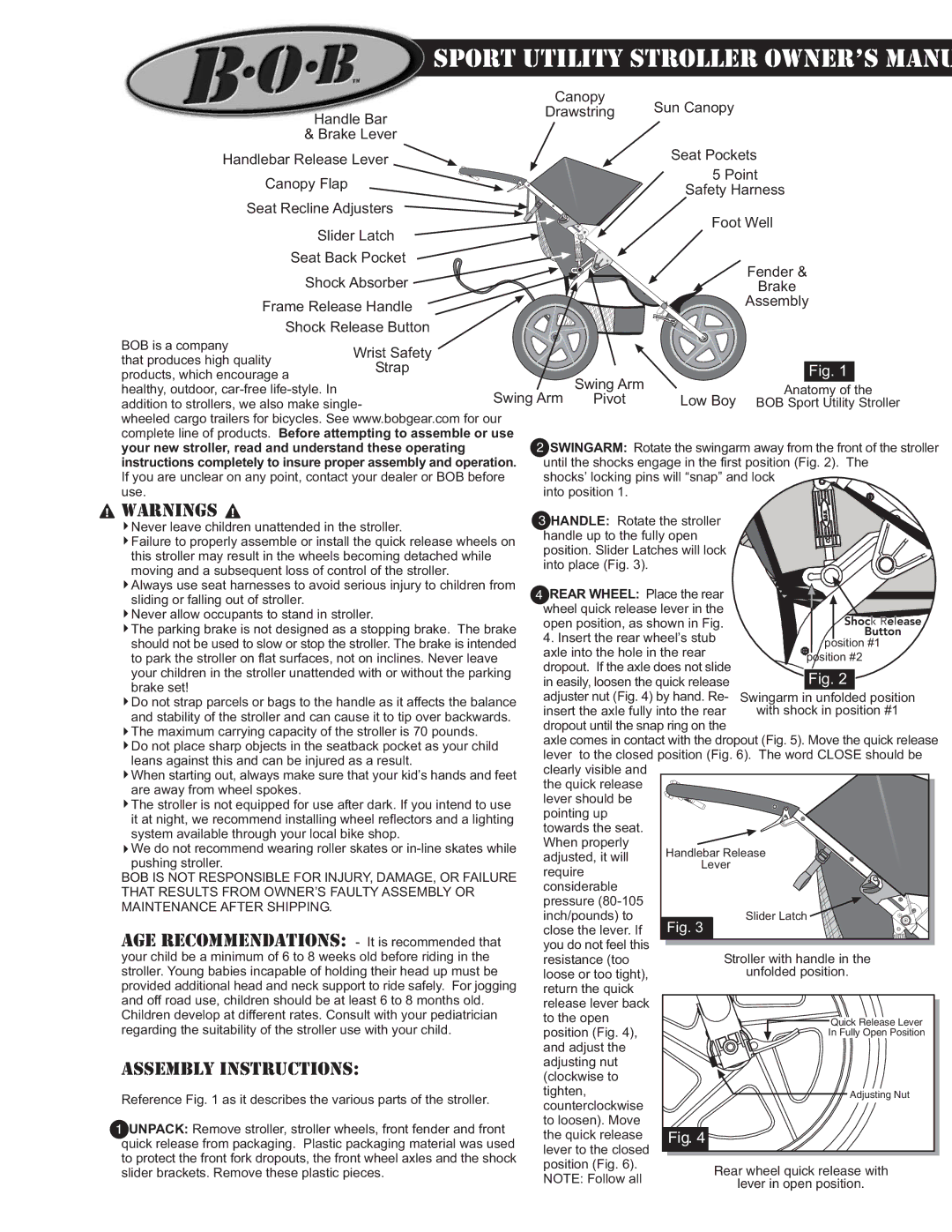 BOB MA0201 operating instructions Sport Utility Stroller OWNER’S Manu, Assembly Instructions 