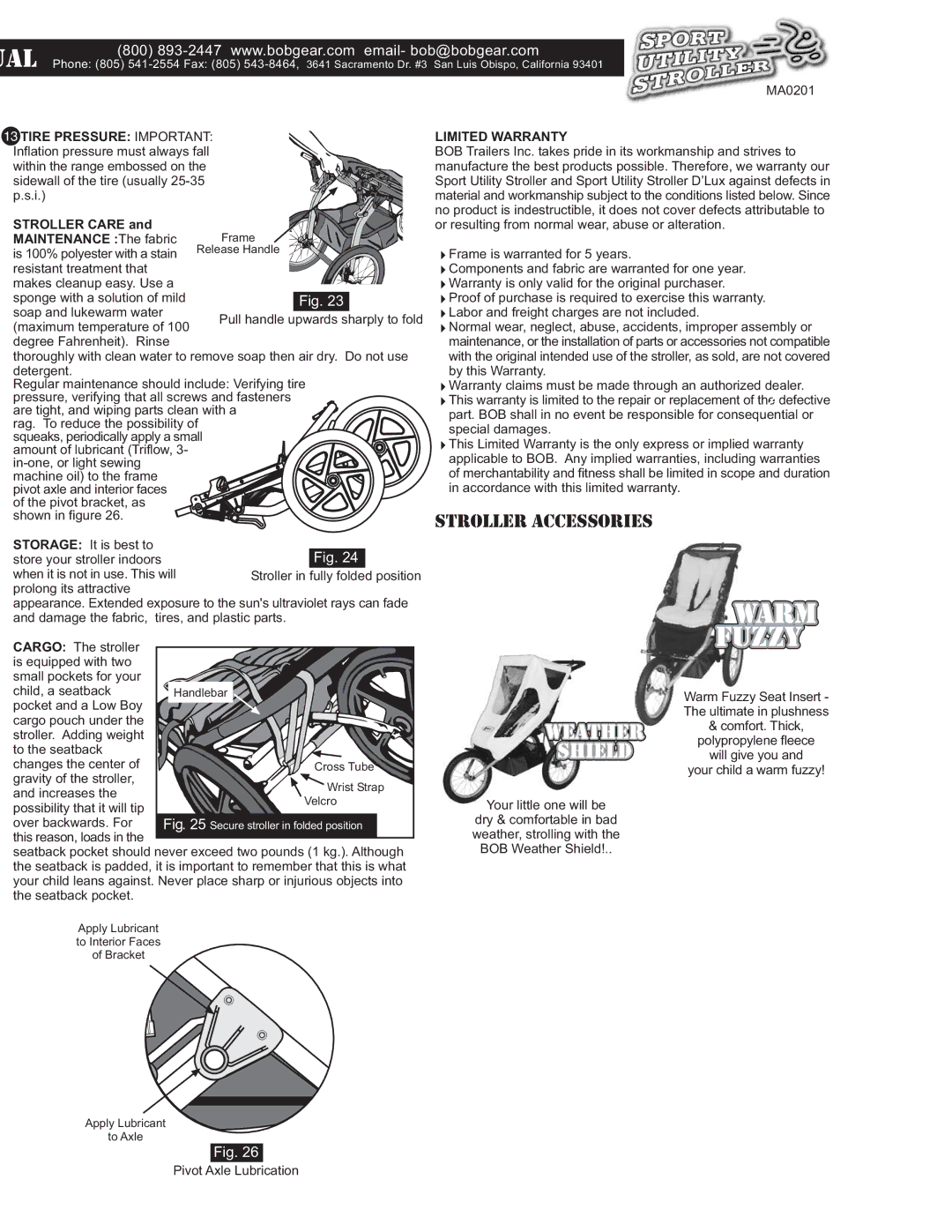 BOB MA0201 operating instructions Stroller Accessories, Limited Warranty 