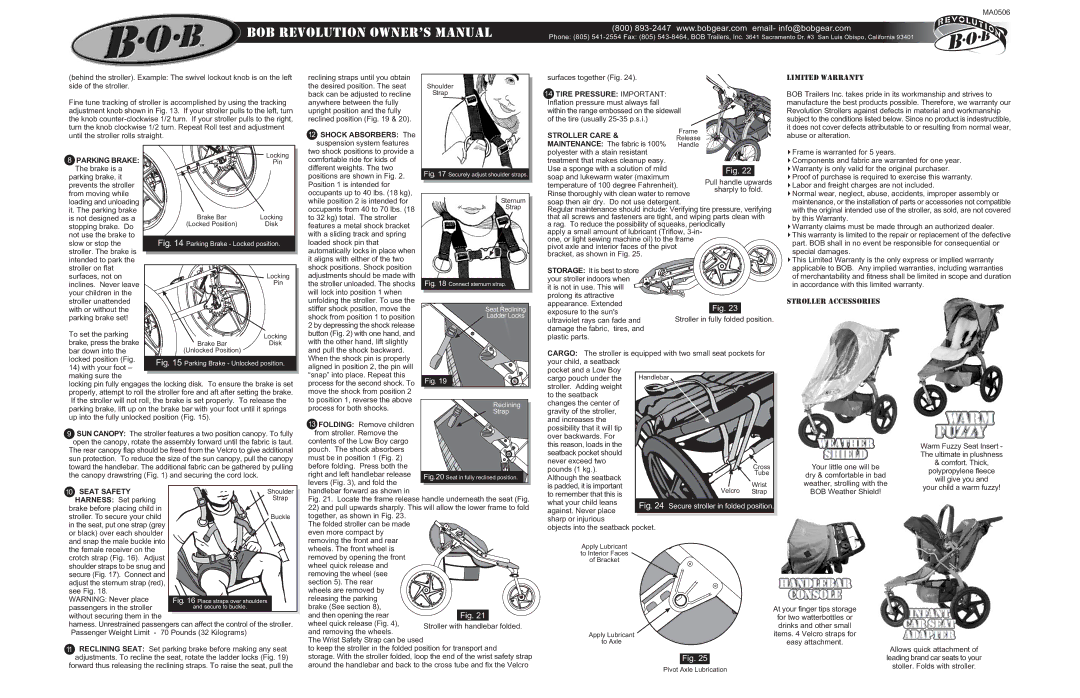 BOB MA0506 operating instructions Shock Absorbers The suspension system features, Limited Warranty, Stroller Accessories 