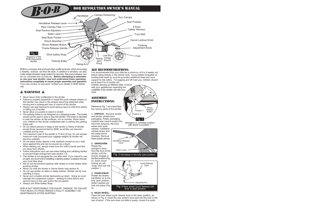 BOB MA0607 operating instructions Swingarm, Handlebar Rotate the stroller, Rear Wheel 