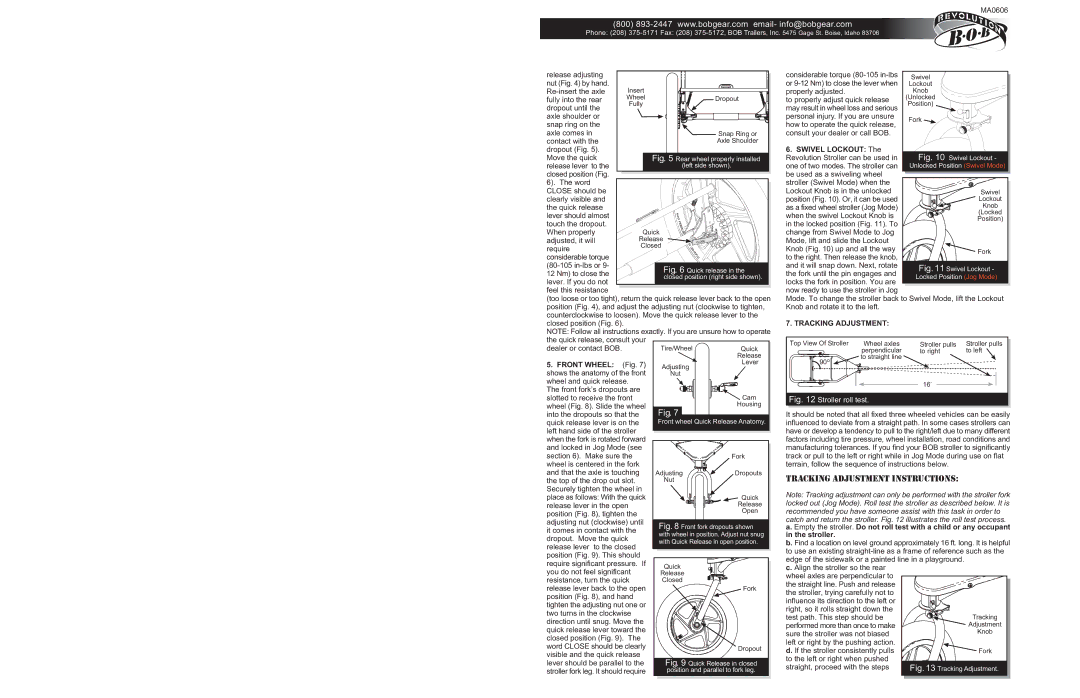 BOB MA0607 operating instructions Front Wheel Fig, Tracking Adjustment 