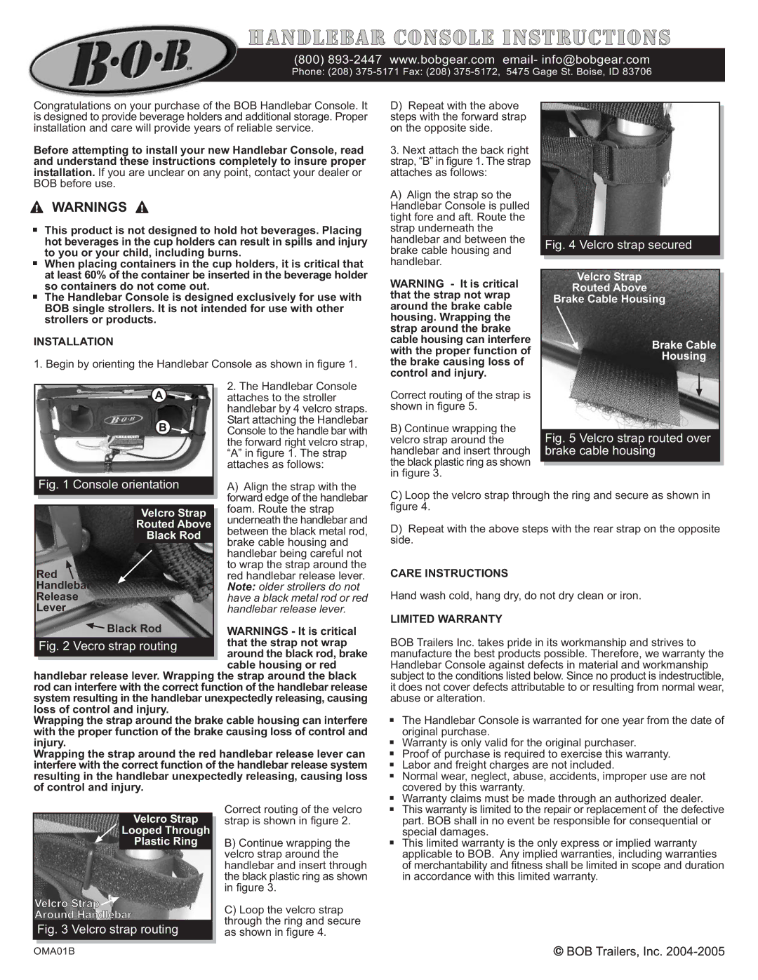 BOB None warranty Handlebar console instructions, Brake cable housing, Installation, Care Instructions, Limited Warranty 