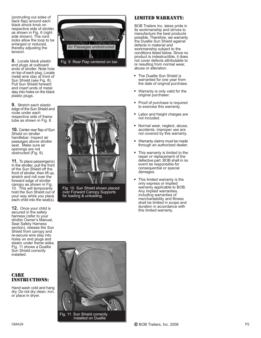 BOB OMA12A installation instructions Care Instructions, Limited Warranty, Air Passages unobstructed 