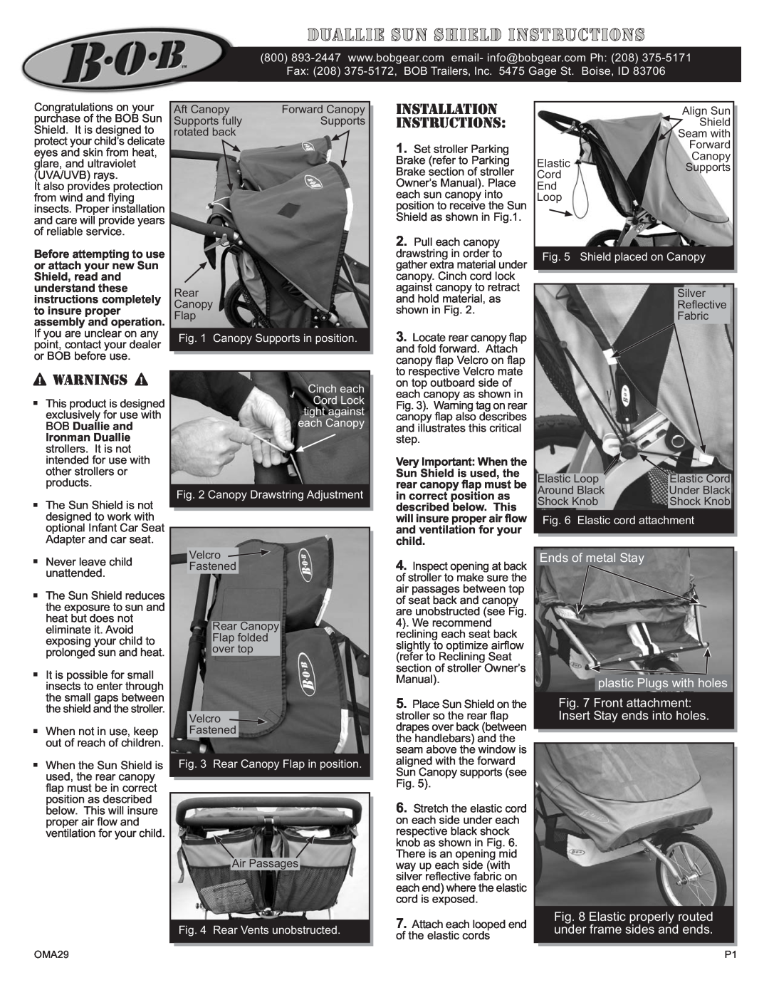BOB OMA12A installation instructions Installation Instructions, Warnings, Canopy Supports in position 