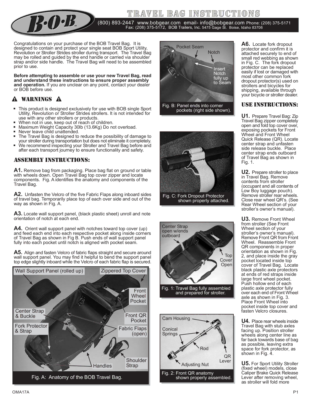 BOB OMA17A manual Assembly Instructions, Use Instructions 