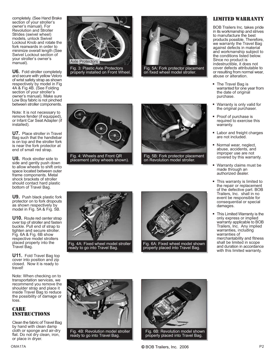 BOB OMA17A manual Care Instructions, Limited Warranty, Axle Protectors 