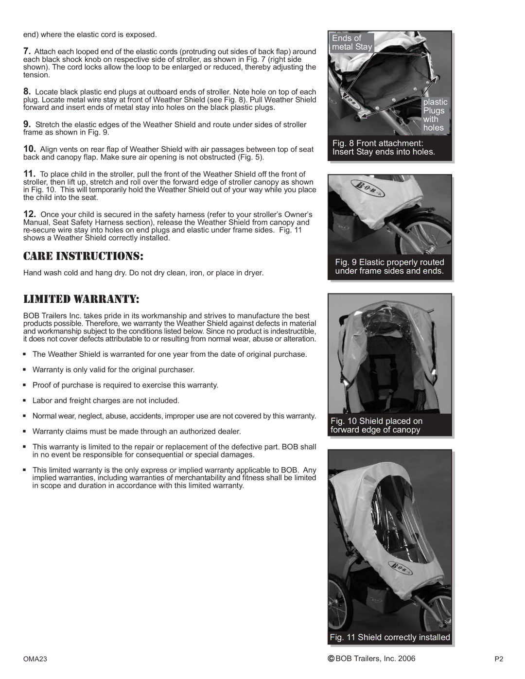 BOB OMA23 installation instructions Care Instructions, Limited Warranty 