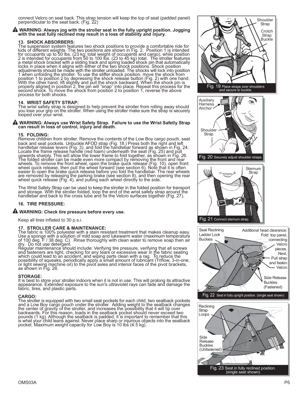 BOB OMS03A Shock Absorbers, Wrist Safety Strap, Folding, Tire Pressure, Stroller Care & Maintenance, Storage, Cargo 