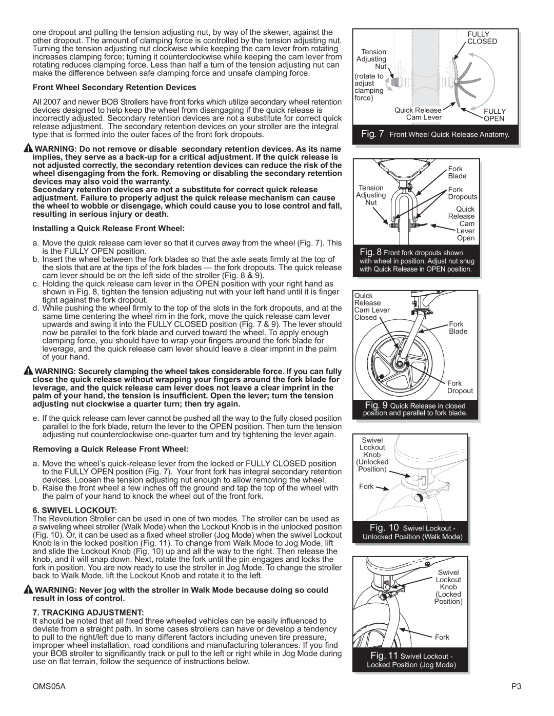 BOB OMS05A Front Wheel Secondary Retention Devices, Removing a Quick Release Front Wheel, Swivel Lockout 