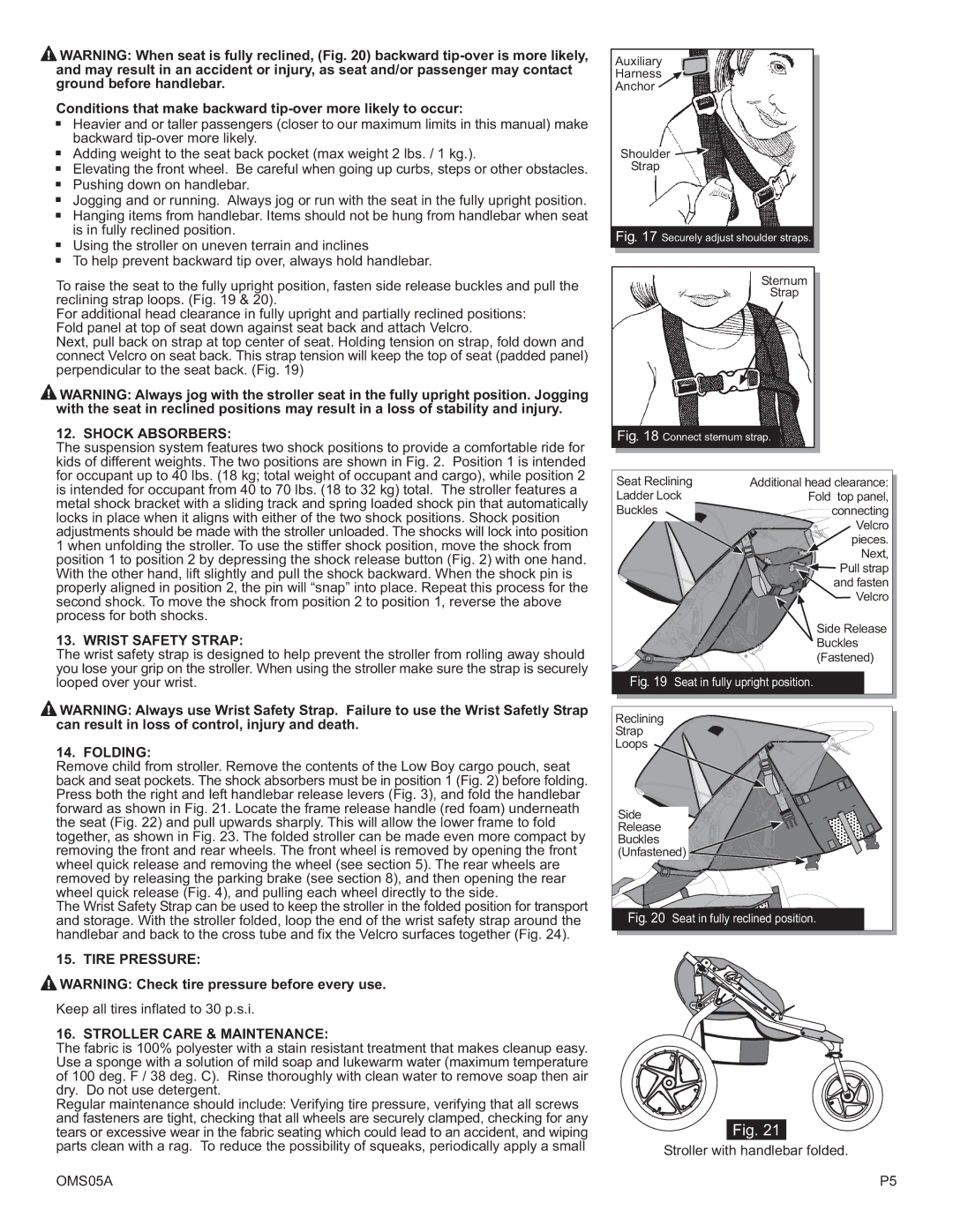 BOB OMS05A operating instructions Shock Absorbers, Wrist Safety Strap, Folding, Tire Pressure, Stroller Care & Maintenance 