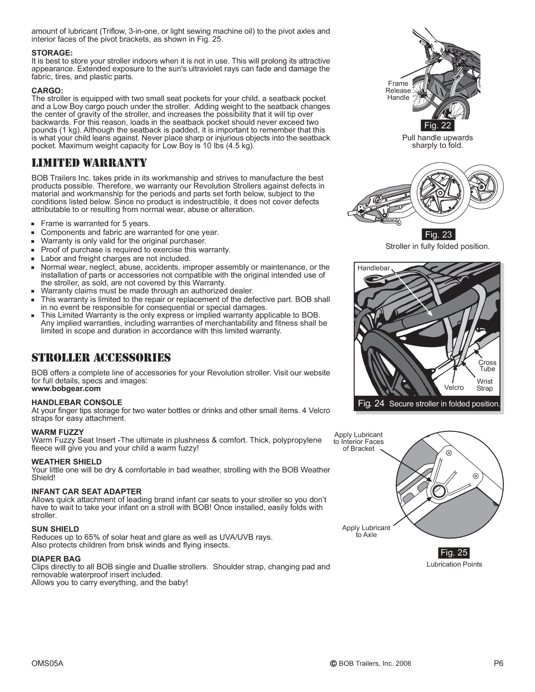 BOB OMS05A operating instructions Limited Warranty, Stroller Accessories 