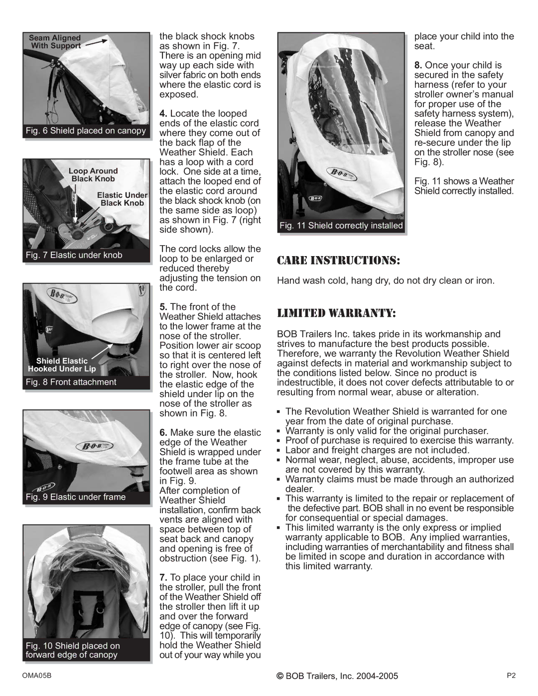 BOB Weather Shield installation instructions Care Instructions, Limited Warranty 