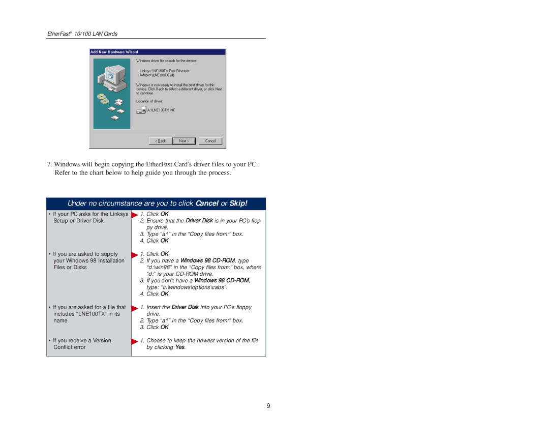 Boca Research 10/100 manual Under no circumstance are you to click Cancel or Skip 