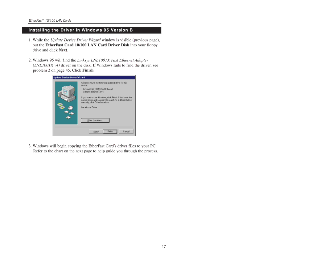 Boca Research 10/100 manual Installing the Driver in Windows 95 Version B 