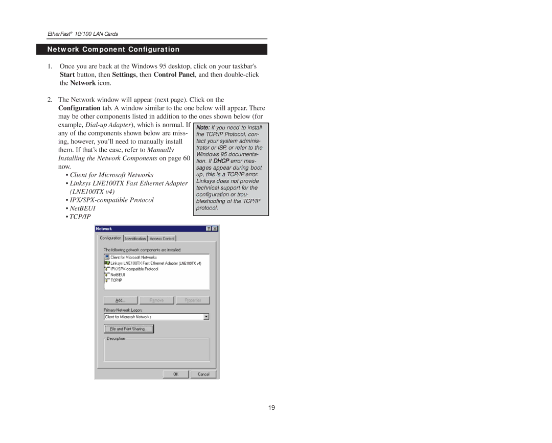 Boca Research 10/100 manual Network Component Configuration 