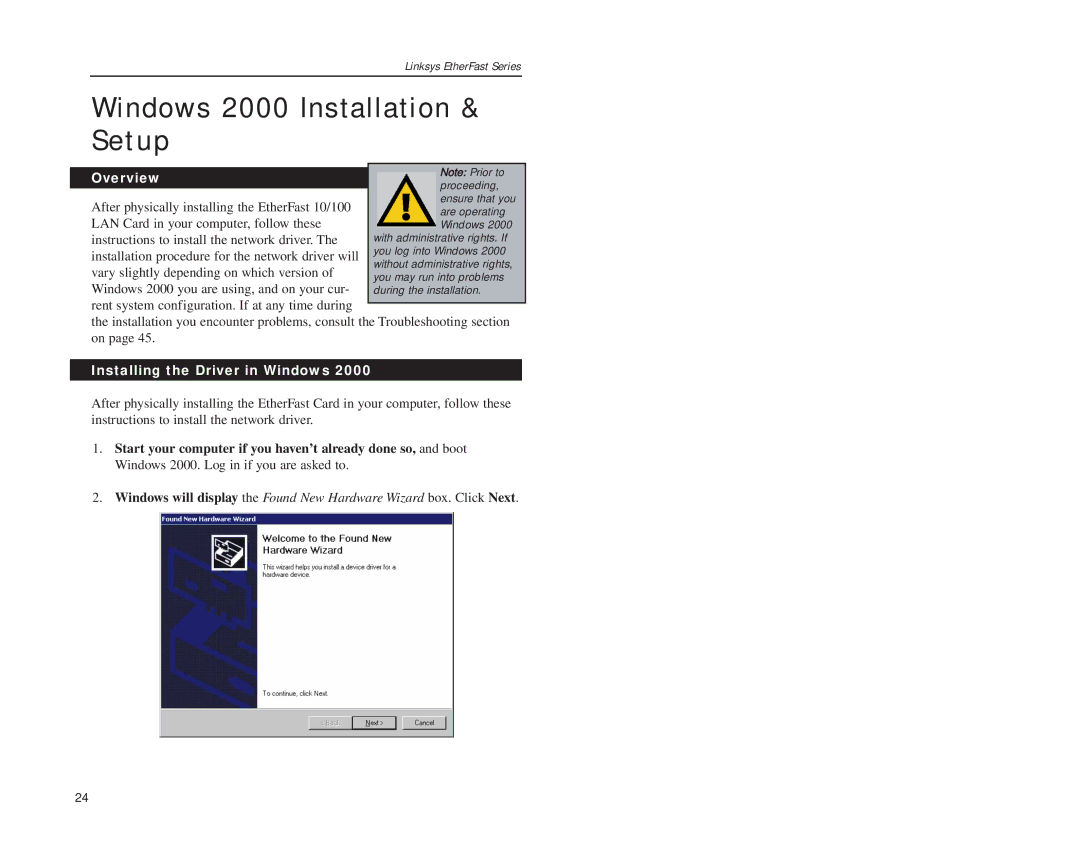 Boca Research 10/100 manual Windows 2000 Installation & Setup, Installing the Driver in Windows 