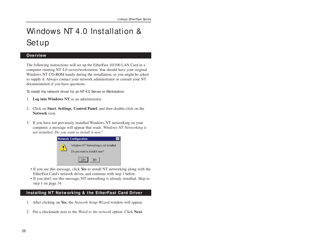 Boca Research 10/100 manual Windows NT 4.0 Installation & Setup, Log into Windows NT as an administrator 