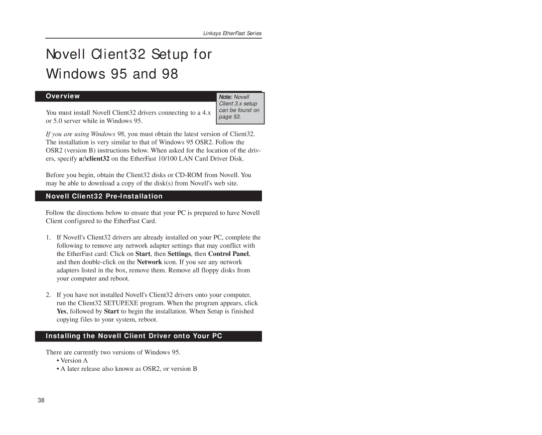 Boca Research 10/100 manual Novell Client32 Setup for Windows 95, Novell Client32 Pre-Installation 