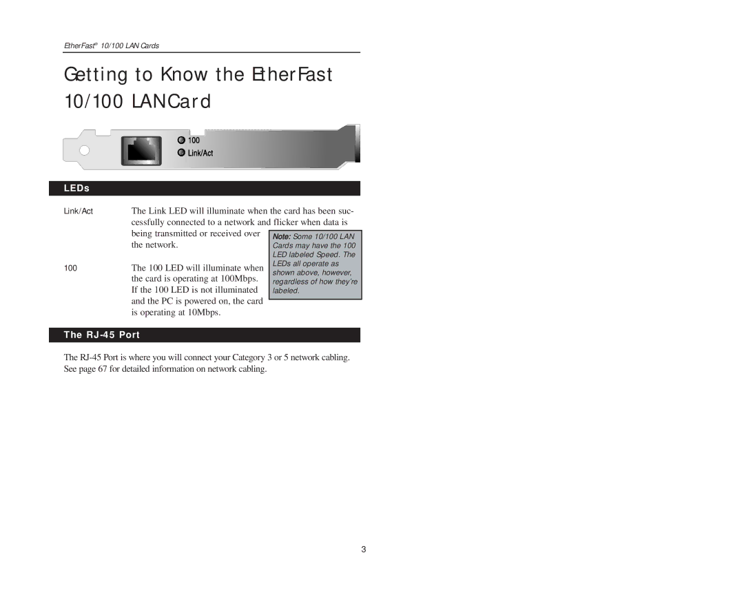 Boca Research manual Getting to Know the EtherFast 10/100 LA N Card, LEDs, Link/Act, RJ-45 Port 