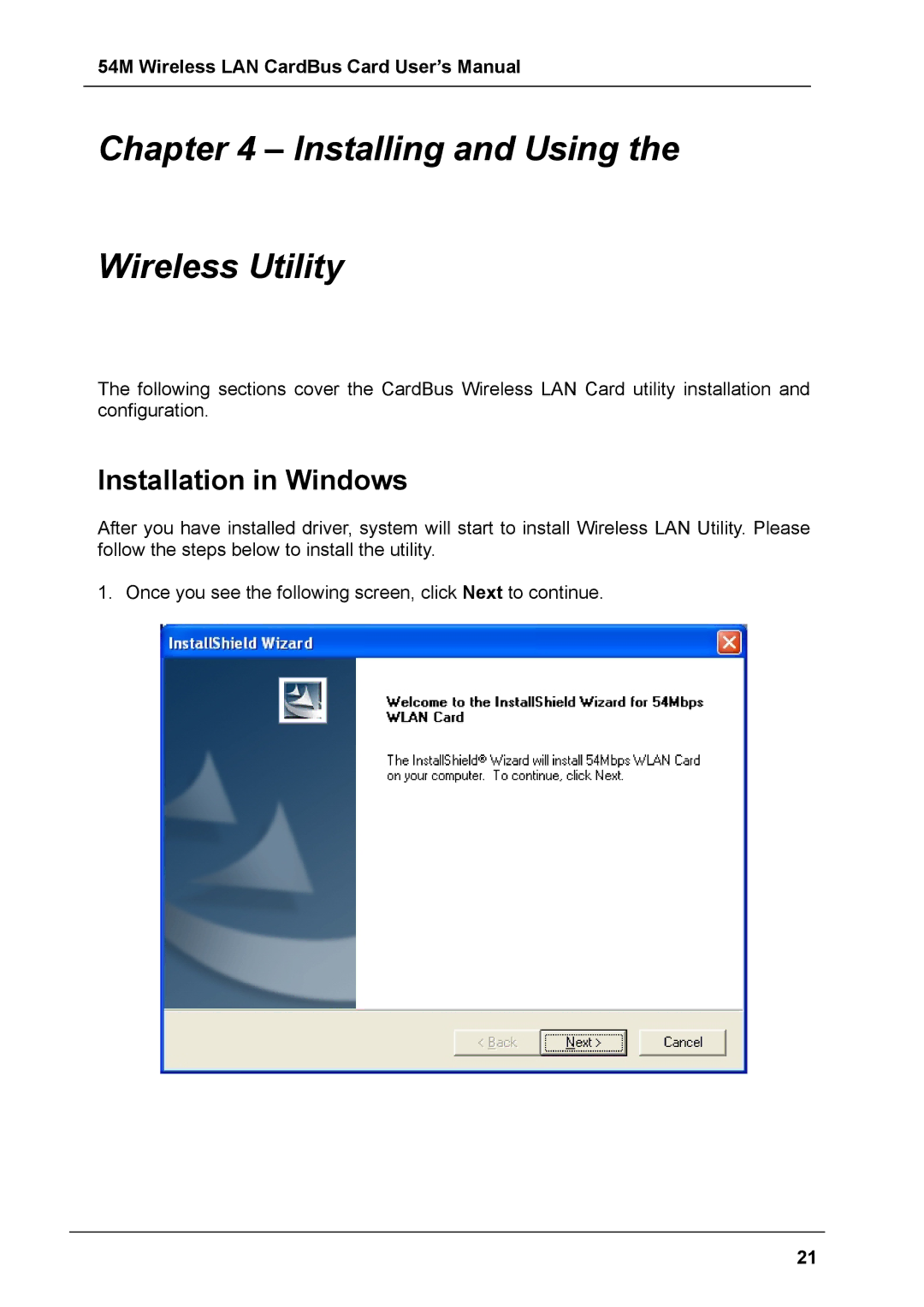 Boca Research 54M user manual Installing and Using Wireless Utility, Installation in Windows 