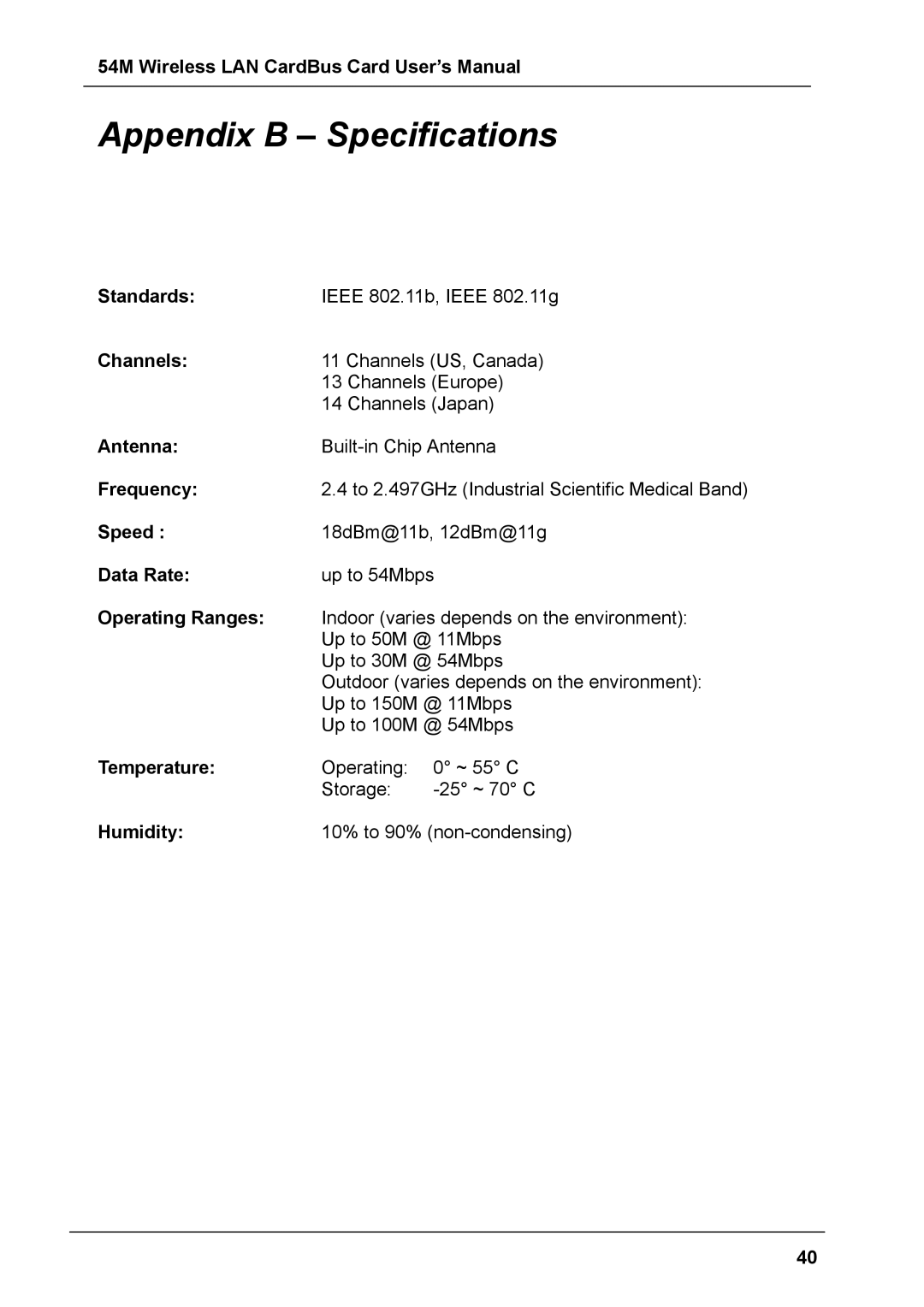 Boca Research 54M user manual Appendix B Specifications, Operating Ranges 
