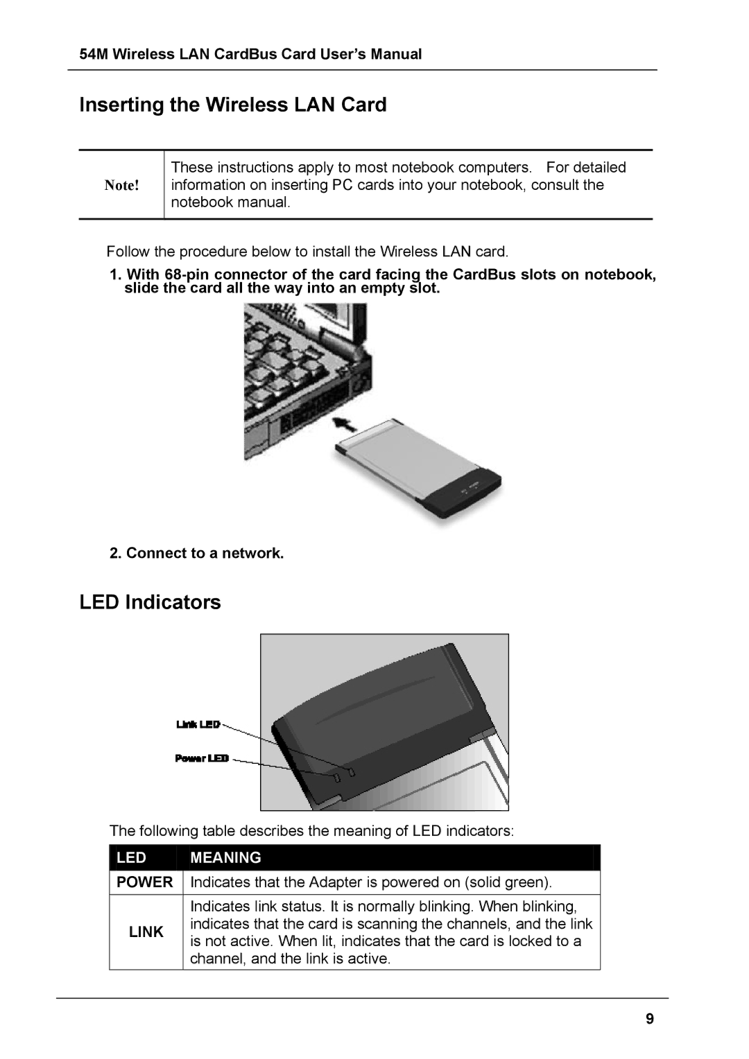 Boca Research 54M user manual Inserting the Wireless LAN Card, LED Indicators 