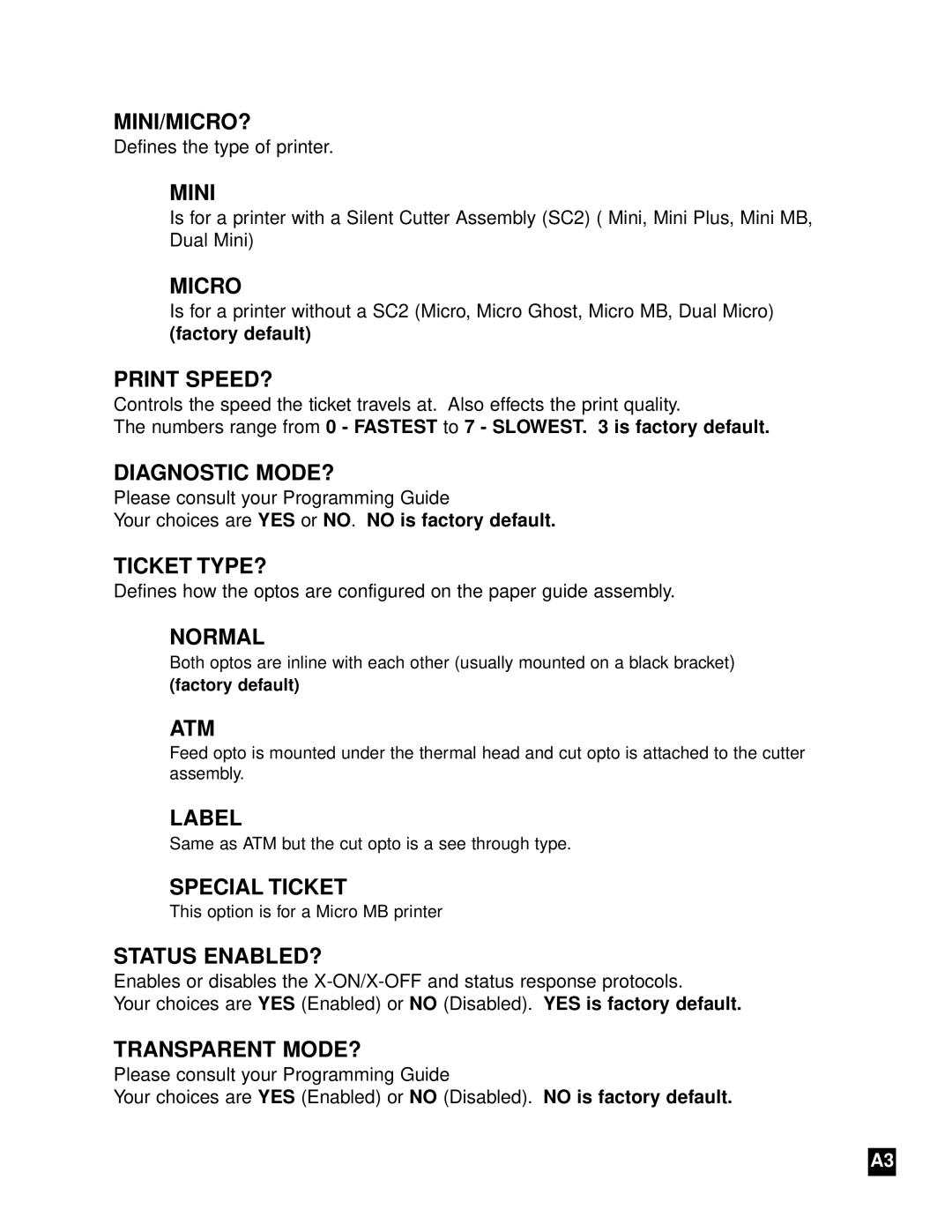 Boca Research Adjustable MC Ghost user manual Mini/Micro?, Print SPEED?, Diagnostic MODE?, Ticket TYPE?, Normal, Atm, Label 