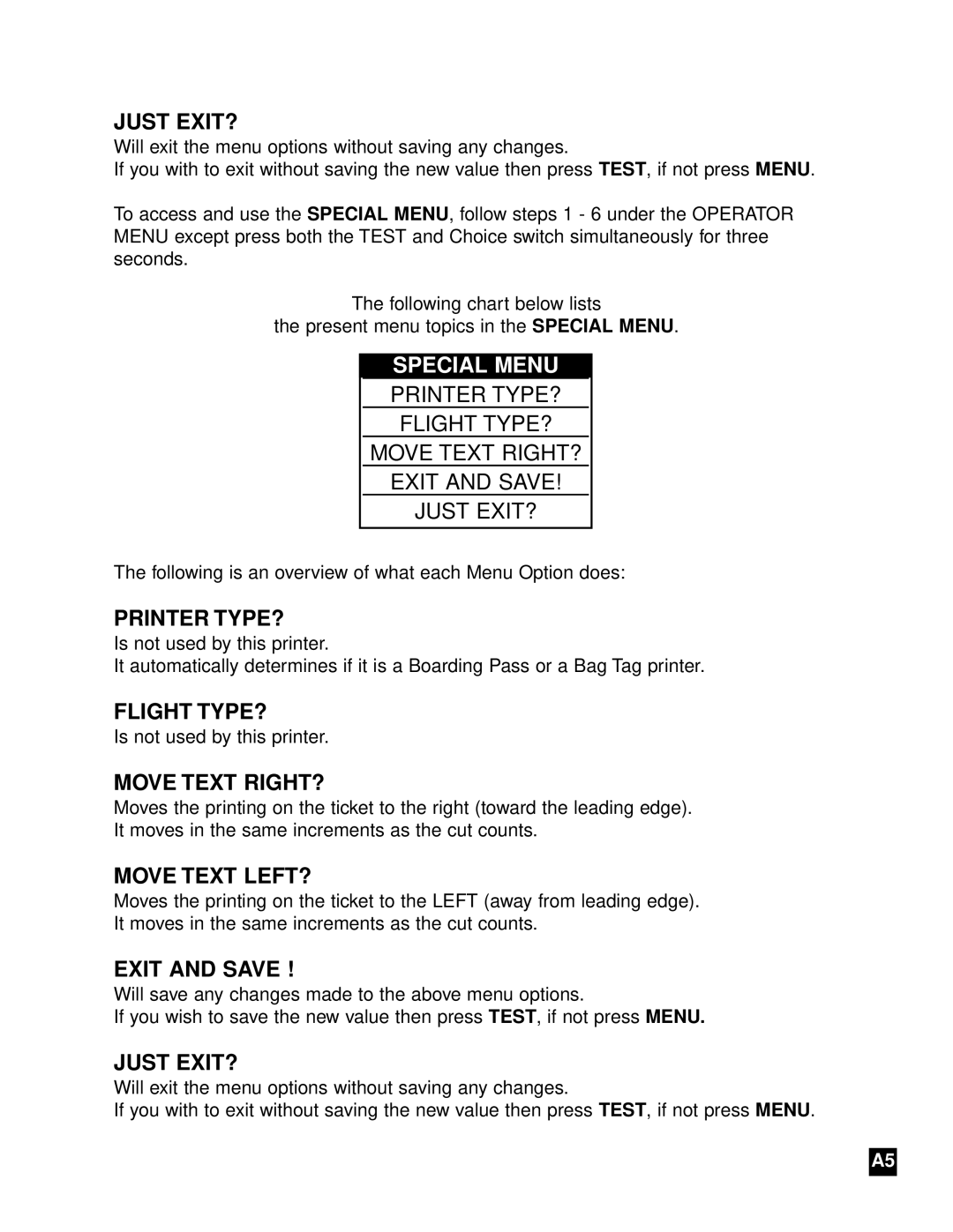 Boca Research Adjustable MC Ghost user manual Just EXIT?, Printer TYPE?, Flight TYPE?, Move Text RIGHT?, Move Text LEFT? 