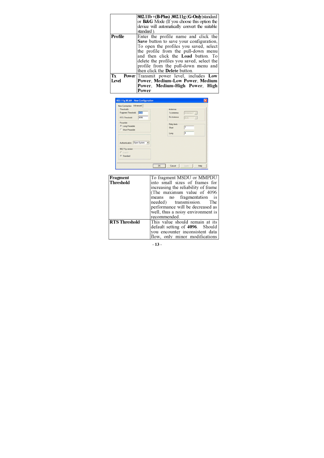 Boca Research M73-APO01-810 manual Profile, Tx Power, RTS Threshold 