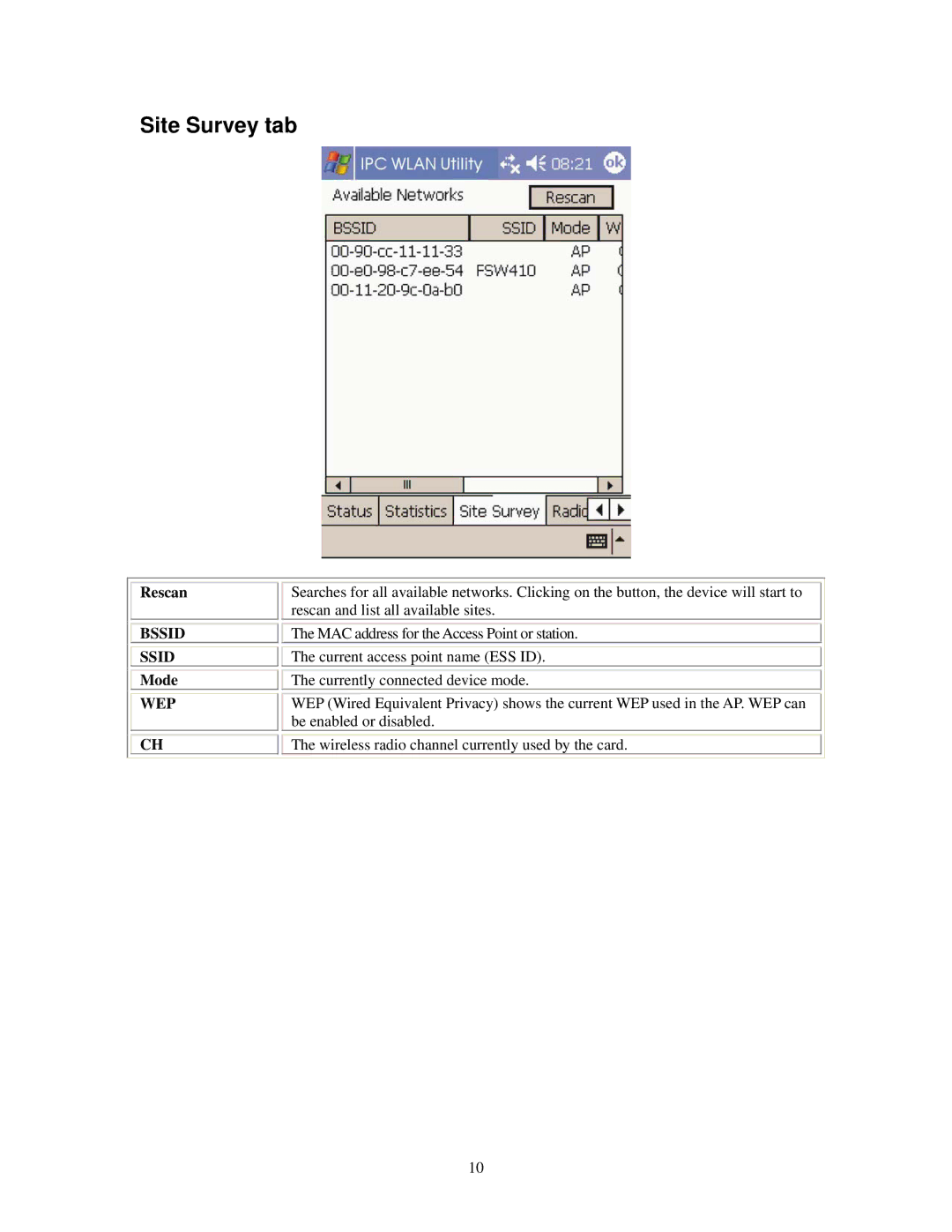 Boca Research SDW11b user manual Site Survey tab, Rescan, Mode 