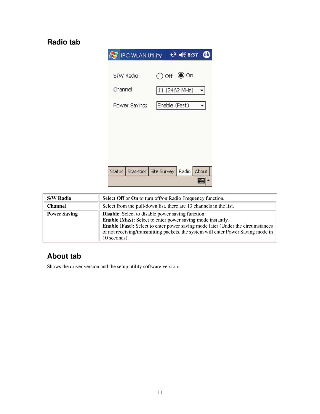 Boca Research SDW11b user manual Radio tab, About tab, Radio Channel Power Saving 