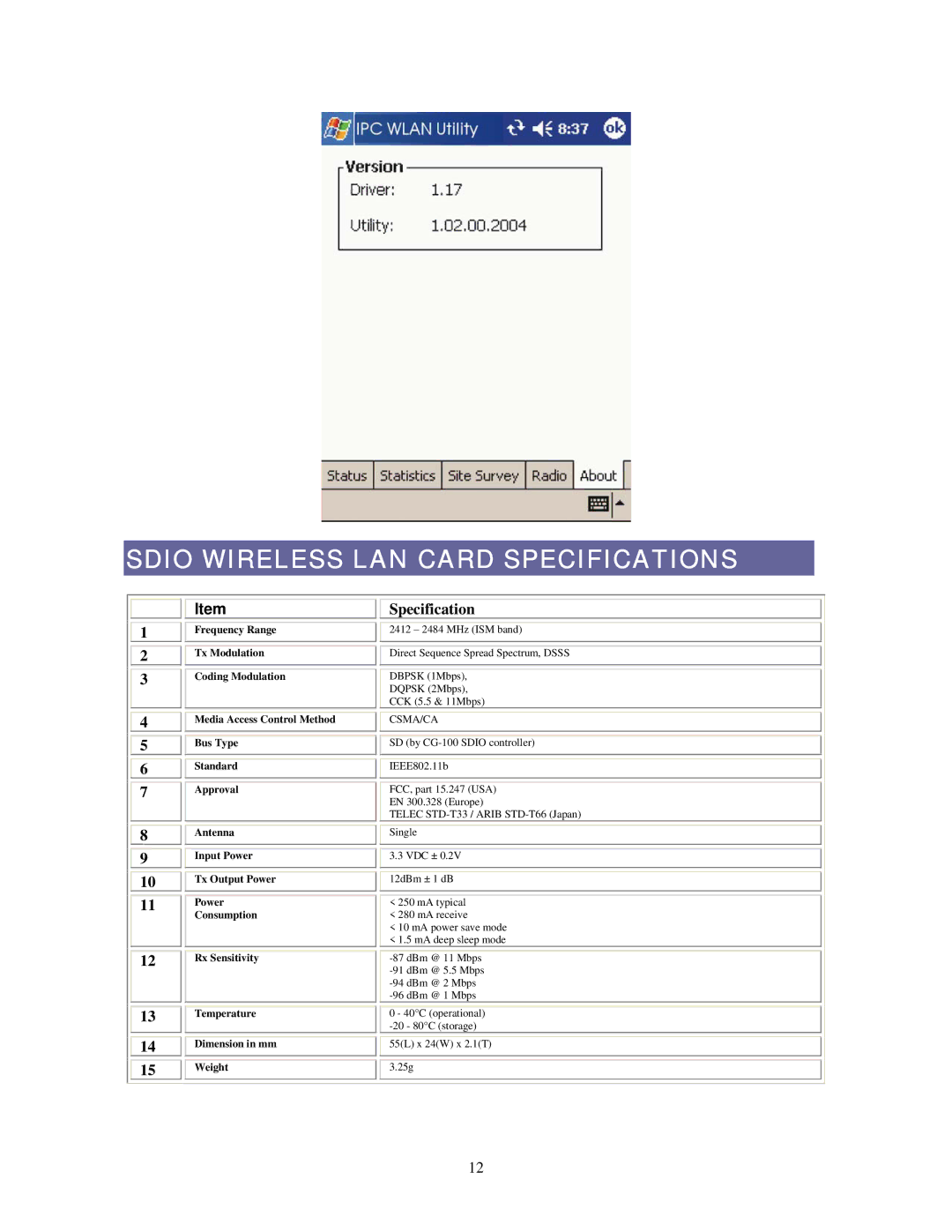 Boca Research SDW11b user manual Sdio Wireless LAN Card Specifications 