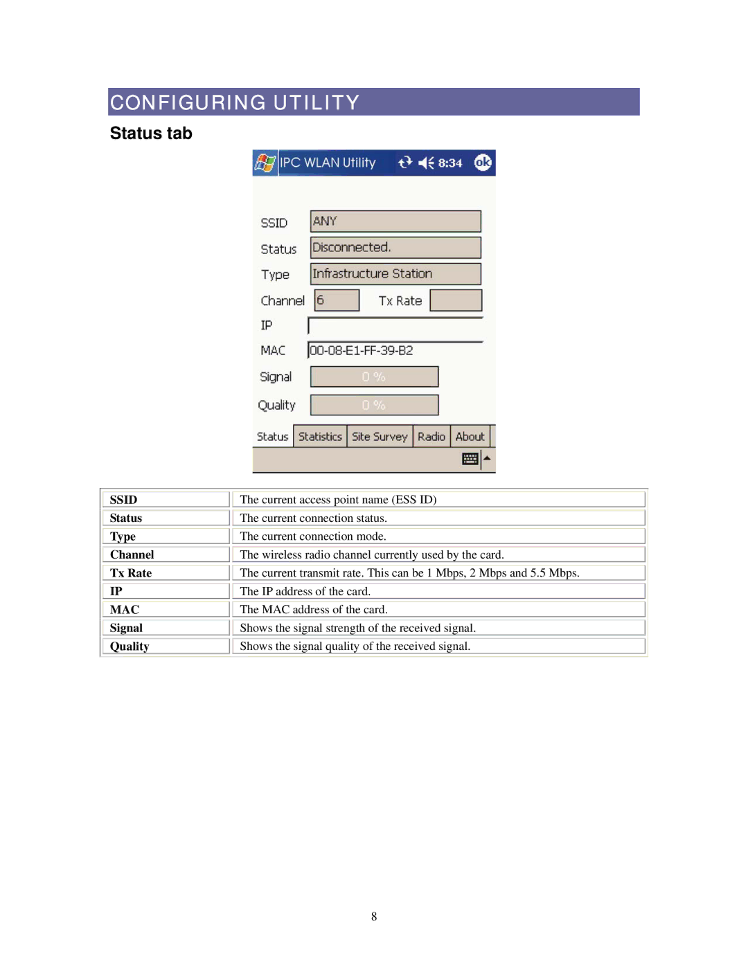 Boca Research SDW11b user manual Configuring Utility, Status tab, Status Type Channel Tx Rate, Signal Quality 