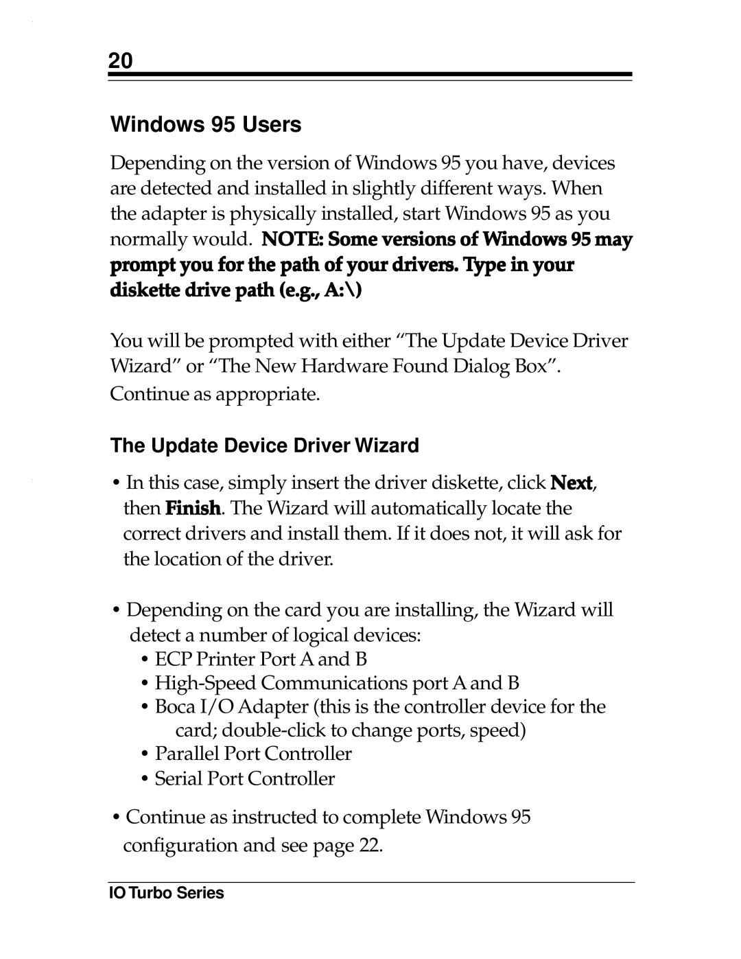 Boca Research Turbo1x1, 2x2 manual Windows 95 Users, Update Device Driver Wizard 
