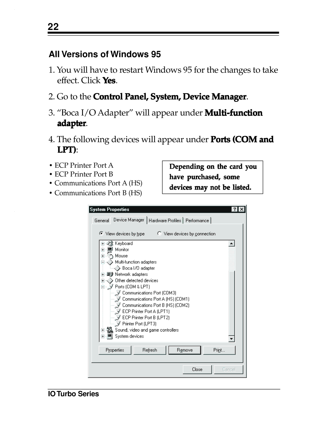 Boca Research Turbo1x1, 2x2 manual All Versions of Windows, Go to the Control Panel, System, Device Manager 