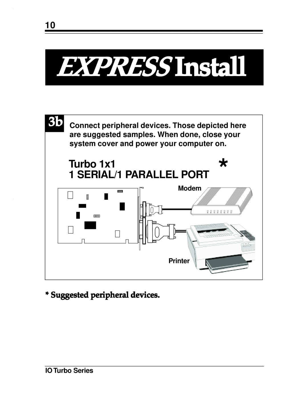 Boca Research Turbo1x1, 2x2 manual EXPRESS Install, SERIAL/1 PARALLEL PORT, Suggested peripheral devices, Modem 