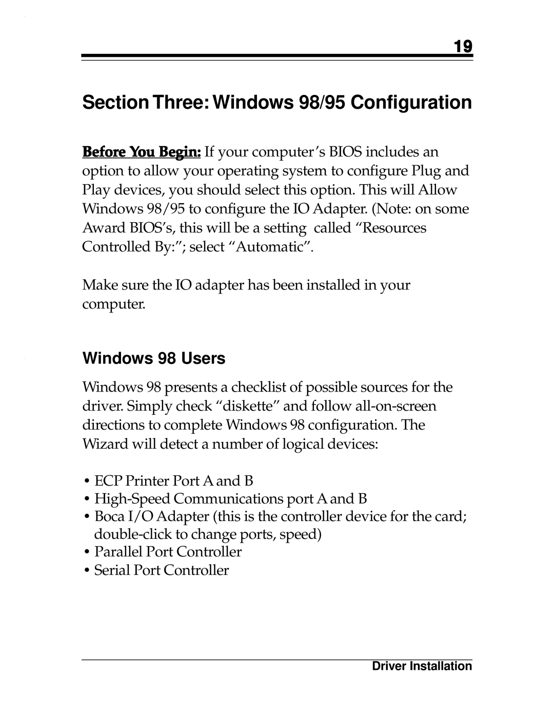Boca Research 2x2, Turbo1x1 manual Section Three Windows 98/95 Configuration, Windows 98 Users 
