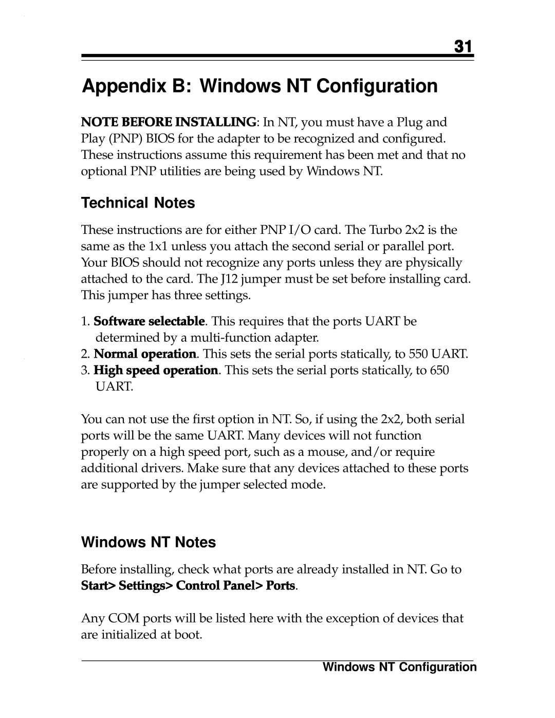 Boca Research 2x2, Turbo1x1 manual Appendix B Windows NT Configuration, Technical Notes, Windows NT Notes 