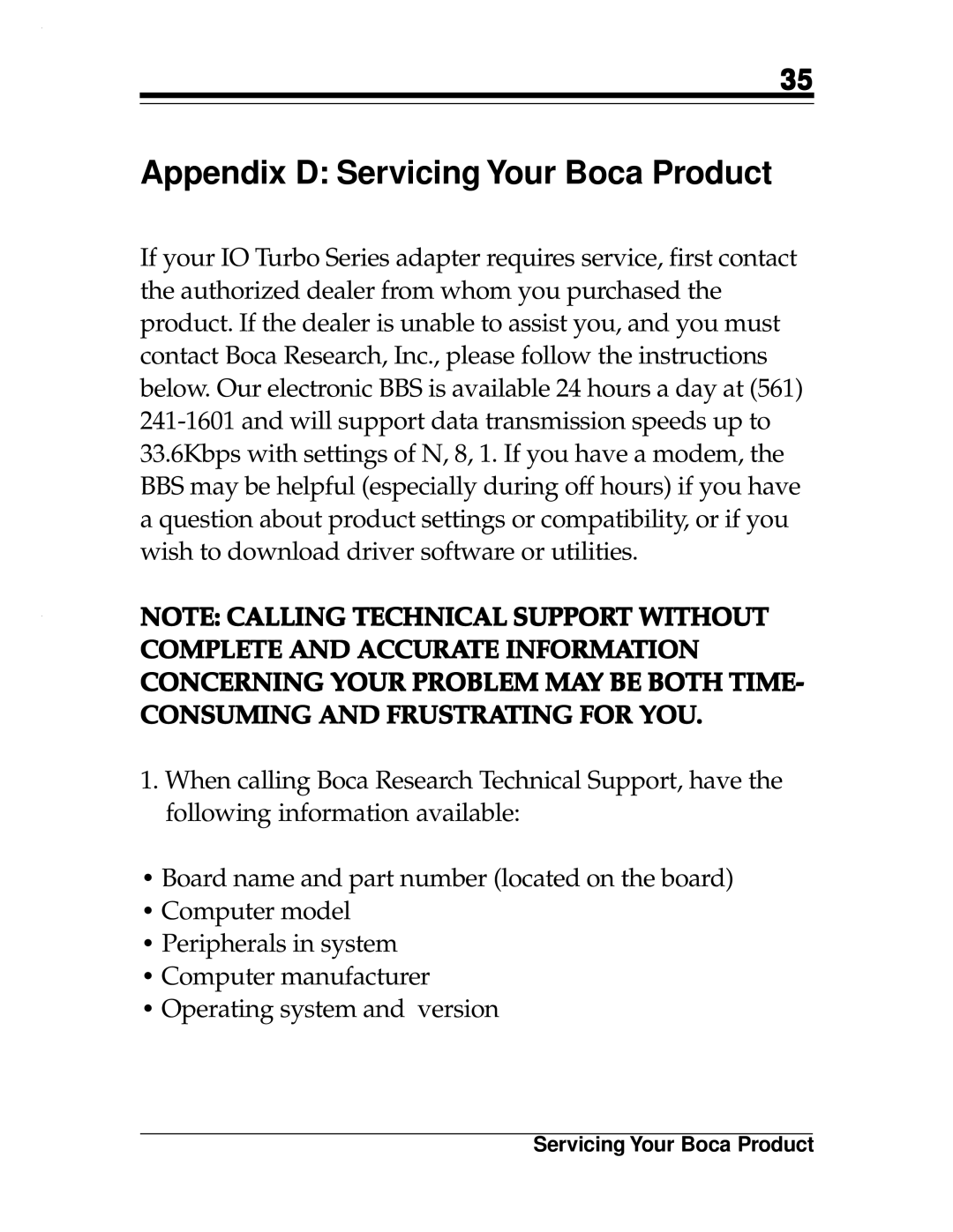 Boca Research 2x2, Turbo1x1 manual Appendix D Servicing Your Boca Product 
