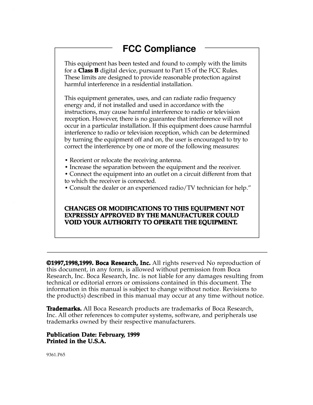 Boca Research Turbo1x1, 2x2 manual FCC Compliance, Publication Date February Printed in the U.S.A 