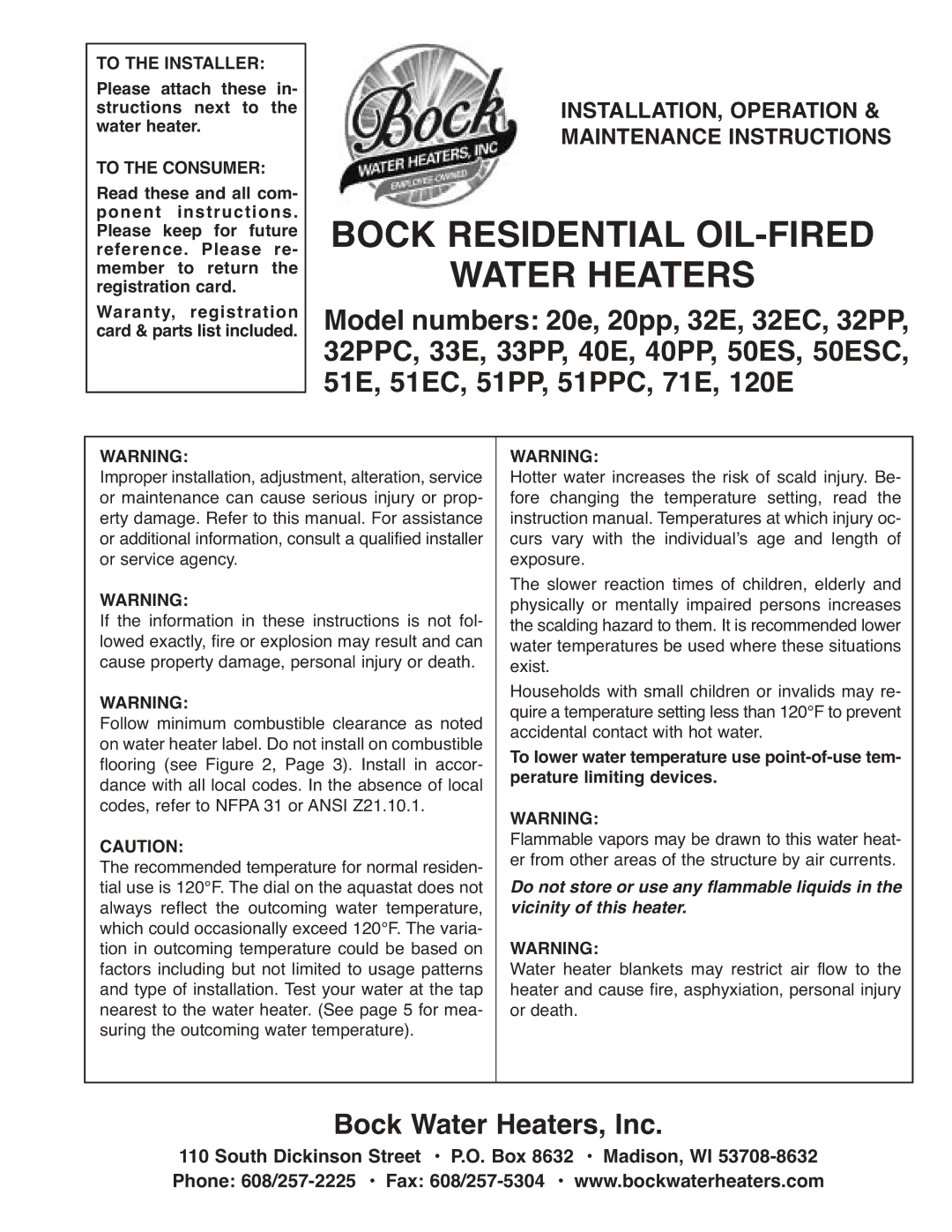 Bock Water heaters 51PP, 50ESC, 40PP, 33PP, 51EC, 40E, 32EC, 20E, 33E, 32PPC, 20PP instruction manual Bock Residential OIL-FIRED 