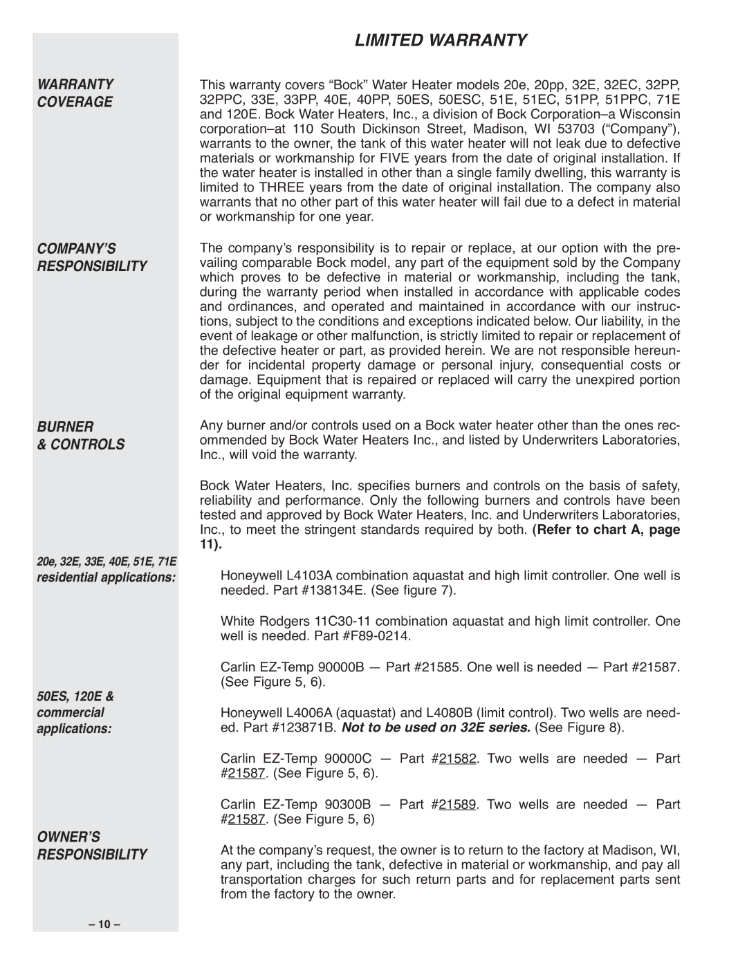 Bock Water heaters 20E, 50ESC, 51PP, 40PP, 33PP, 51EC, 40E, 32EC, 33E, 32PPC, 20PP Warranty Coverage, Burner Controls 