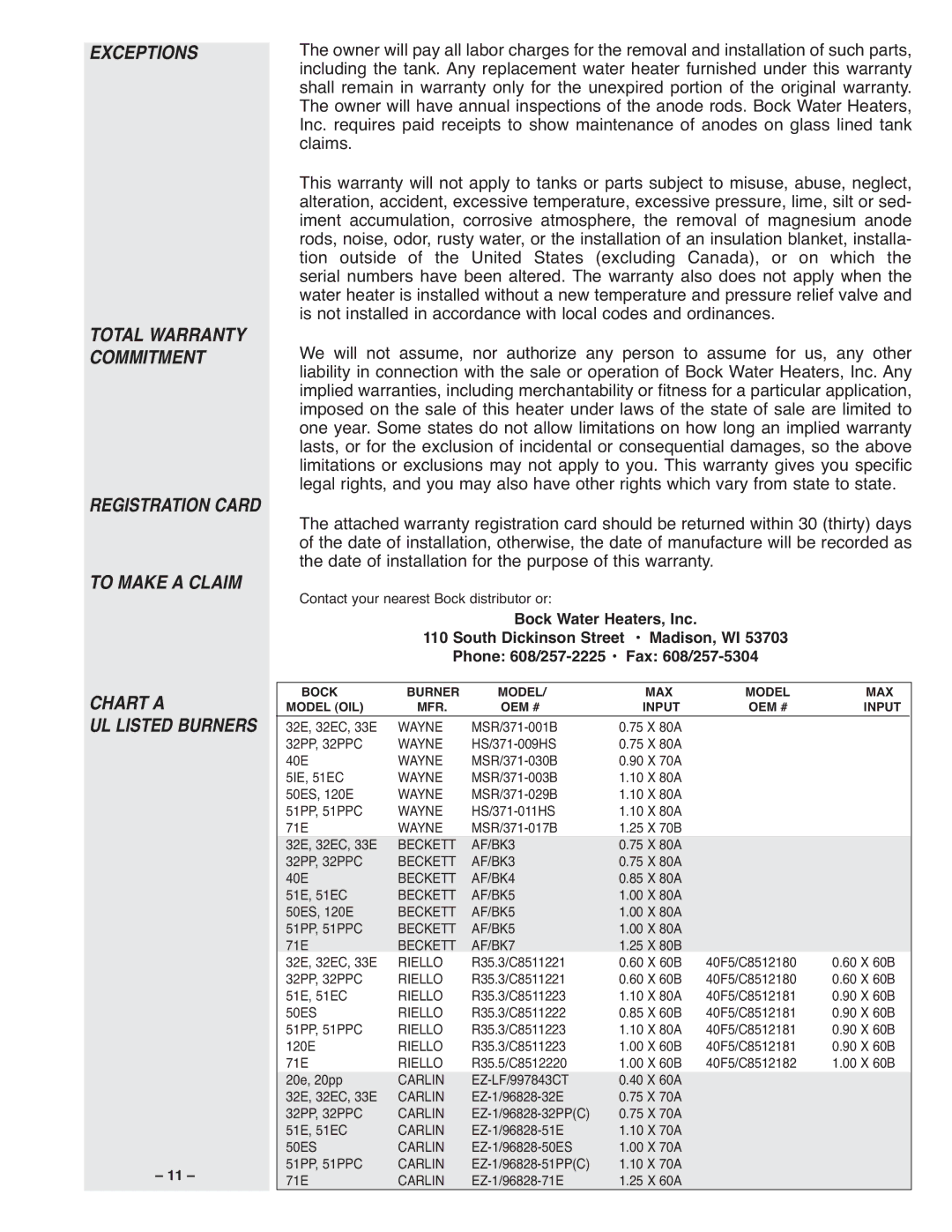 Bock Water heaters 33E, 50ESC, 51PP, 40PP, 33PP, 51EC, 40E, 32EC, 20E, 32PPC, 20PP instruction manual Exceptions, Chart a 