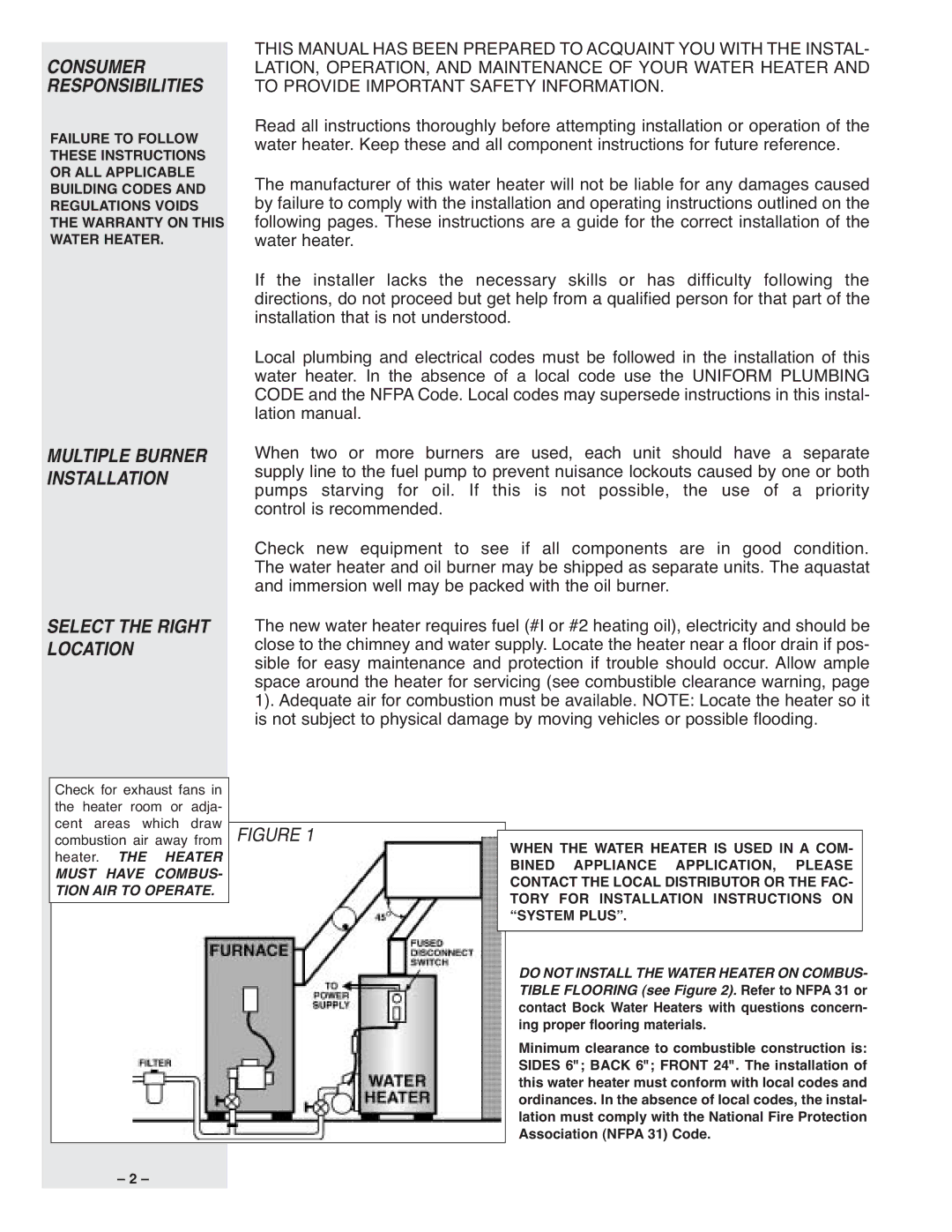 Bock Water heaters 50ESC, 51PP, 40PP, 33PP, 51EC, 40E, 32PP, 32EC, 20E, 33E Consumer, Responsibilities, Installation, Location 