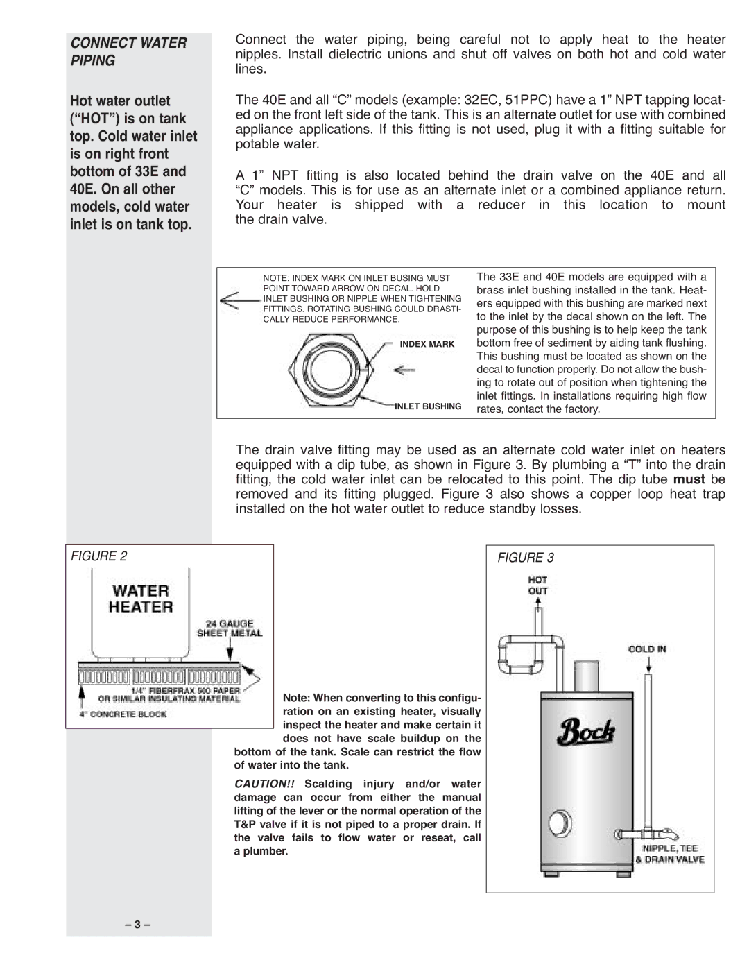 Bock Water heaters 40PP, 50ESC, 51PP, 33PP, 51EC, 40E, 32EC, 20E, 33E, 32PPC, 20PP instruction manual Connect Water, Piping 